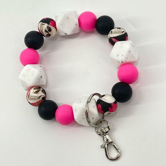 Keychain bracelet wristlet silicone beaded skull roses rockabilly NEW handmade c - Picture 4 of 7